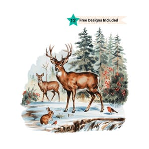 Retro Deer Wilderness Scene Sweatshirt Png, Nineties Vintage Buck And Doe Deer Shirt, Boho 90s Nostalgia Crewneck Sweatshirt, Winter Scene