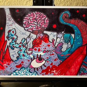 May include: A psychedelic drawing with a brain, eye, and other abstract shapes in red, blue, and pink.