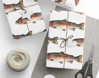 Papel de regalo con diseño de trucha arcoíris, regalos para deportistas/pescadores, papeles de regalo navideños con temática de pesca.
