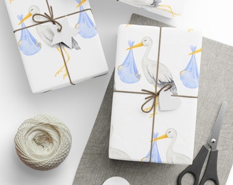 Ooievaar met inpakpapier babyjongen, babyshower, pasgeboren cadeaujongen, cadeaupapier, inpakpapier