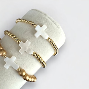 Mother of Pearl Cross Beaded Bracelets | Cross Bracelets | White Shell Cross Bracelets | Gold Beaded Bracelets