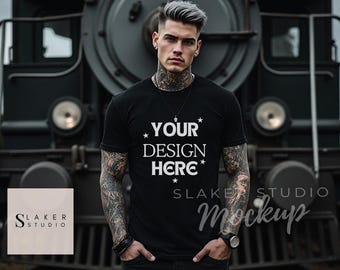 goth mock ups realistic mockup for pod design black tshirt alternative mockups tattoo mens mockup tshirts Manly Mockup streetwear png