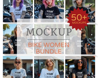 バイカー女性Tシャツモックアップバンドル、オートバイシャツモックアップ、タトゥー入り女性Tシャツモックアップ、黒Tシャツモックアップ、白シャツモックアップバンドル