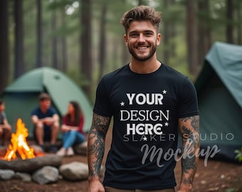Male T-Shirt Mockup Black Bella Canvas 3001 Men’s T-Shirt Mockups Male Model Shirt Mockup BC3001 Editable POD Template Men tshirt mockup