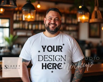プラスサイズメンズTシャツモックアップ、ビッグ＆トール男性モデル、ホワイトTシャツライフスタイルモックアップ、ひげを生やした男性シャツモックアップ、誕生日シャツPODテンプレート