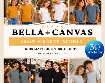 Bella Canvas 3001Y キッズTシャツモックアップバンドル | 39色BC3001Yマッチングセット | ユースTシャツCanvaテンプレート | POD Etsyシャツモックアップ