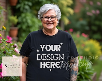 Plus Size Woman T-Shirt Mockup Black Senior Female Shirt Mockup Older women mockups Realistic Plus Size Shirt Display old lady mock ups