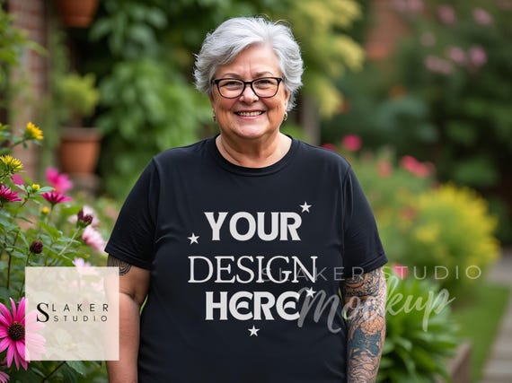 Plus Size Woman T-Shirt Mockup Black Senior Female Shirt Mockup Older women mockups Realistic Plus Size Shirt Display old lady mock ups