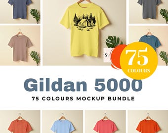 PODモックアップTシャツ、ギルダンキャロラインブルーTシャツモックアップ、G5000コーンシルクTシャツモックアップバンドル、ギルダン吊り下げTシャツモックアップ、無地Tシャツ