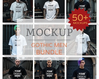 ゴシックTシャツモックアップ、メンズブラックTシャツモックアップ、タトゥーモックアップ、ゴスモックアップ、ファッションモックアップ、多様なモックアップ、ダークテーマTシャツモックアップバンドル