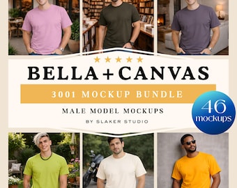 Bella Canvas 3001 メンズTシャツモックアップバンドル | 多様な男性モデルのライフスタイルモックアップ | アジア系黒人若年成人モデル | BC3001 PODテンプレート