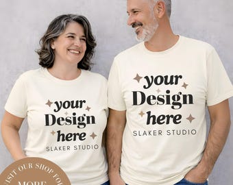 カップルTシャツモックアップ シトロン、ベラキャンバス3001モックアップ、お揃いのシャツモックアップ、男性女性モデルモックアップ、おばあちゃんおじいちゃんTシャツモックアップ