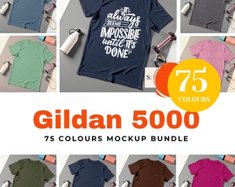 ジムモチベーションTシャツモックアップ｜フィットネスワークアウトアパレルデザイン｜ジム愛好家向けグラフィックTシャツモックアップバンドル｜ギルダンフラットレイTシャツモックアップテンプレート