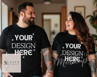 Maqueta de modelo de pareja Bella Canvas 3001 Maquetas de camisetas de pareja Maqueta de camisa para hombre y mujer Maqueta a juego Maquetas de San Valentín 2 camisetas negras