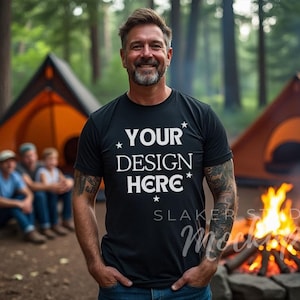father shirt mockup black tshirt woodland adventure lover mockup camper apparel mockup Smiling male model mid age fathers day mockup t shirt