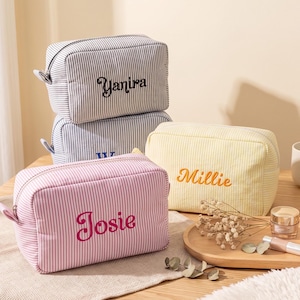 Personalized Seersucker Cosmetic Bag: Monogrammed Toiletry Pouch