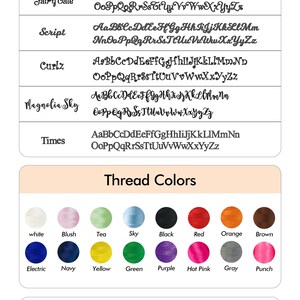 Pu&ograve; includere: Un grafico che mostra diversi font da ricamo, tra cui Fairy Tale, Script, Curlz, Magnolia Sky e Times. Il grafico mostra anche una tabella di colori del filo, tra cui bianco, blush, t&egrave;, cielo, nero, rosso, arancione, marrone, elettrico, blu navy, giallo, verde, viola, rosa acceso, grigio e punch. Il grafico include anche una nota che dice "Pi&ugrave; lettere ci sono, pi&ugrave; piccolo sar&agrave;".
