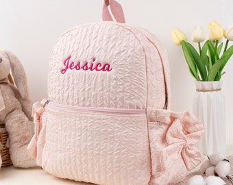 Personalized Seersucker Backpack: Preppy Kids School Bag with Bow