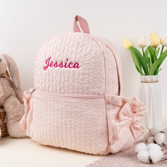 Personalized Seersucker Backpack: Preppy Kids School Bag with Bow