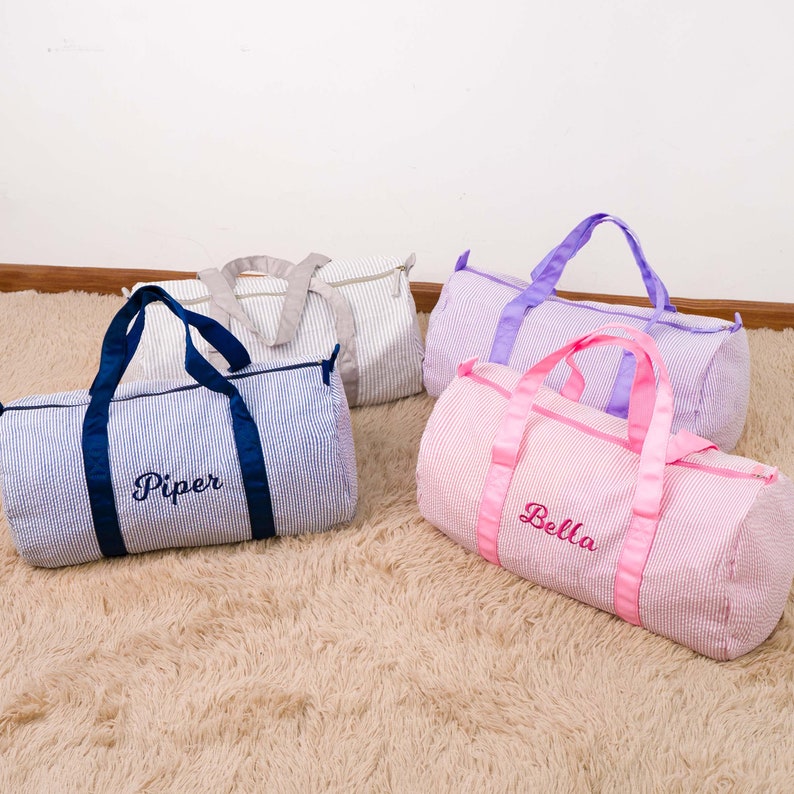 Personalized Baby Duffle Bag, Monogram Seersucker Kid Travel Bag, Kids Duffel Bag, Toddler Diaper Bag, Child Gifts, Overnight Bag, Dance Bag image 1