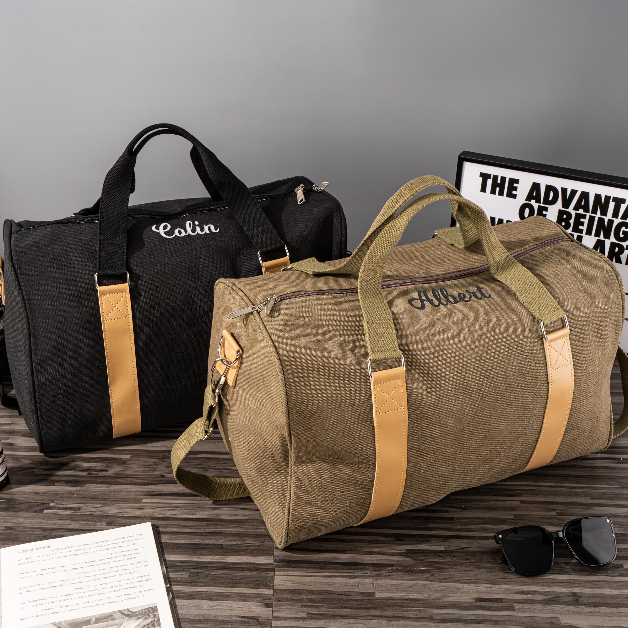 Personalized Men's Canvas Travel Bag - Weekender Bag with Shoe Compartment - Custom Groomsmen Gift, Overnight Duffel Bag for Him