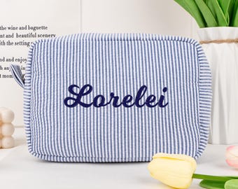 Personalized Seersucker Cosmetic Bag, Embroidered Toiletry Pouch