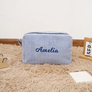 Personalized Seersucker Cosmetic Bag, Monogrammed Toiletry Bag, Bridal Gift, Bridesmaid Proposal Gift, Bridesmaid Makeup Bag, Cosmetic Pouch Blue