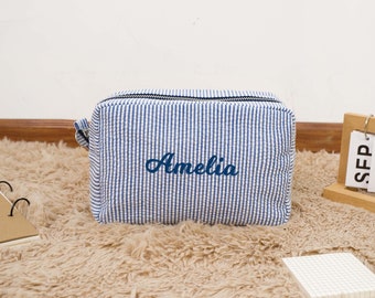 Personalized Makeup Bag for Bridesmaids, Bride Wonderful Gift, Bridesmaid Proposal, Seersucker Cosmetic Bag, Toiletry Bag, Cosmetic Pouch