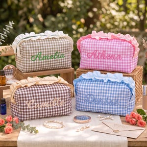 Embroidered Gingham Makeup Bag, Ruffle Cosmetic Pouch, Personalized Travel Toiletry Bag, Bridal Shower Gift
