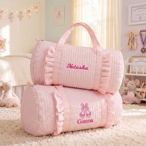 Girls Dance Bag, Personalized Kids Duffle, Baby Overnight Pink Ruffle Travel Bag Gift