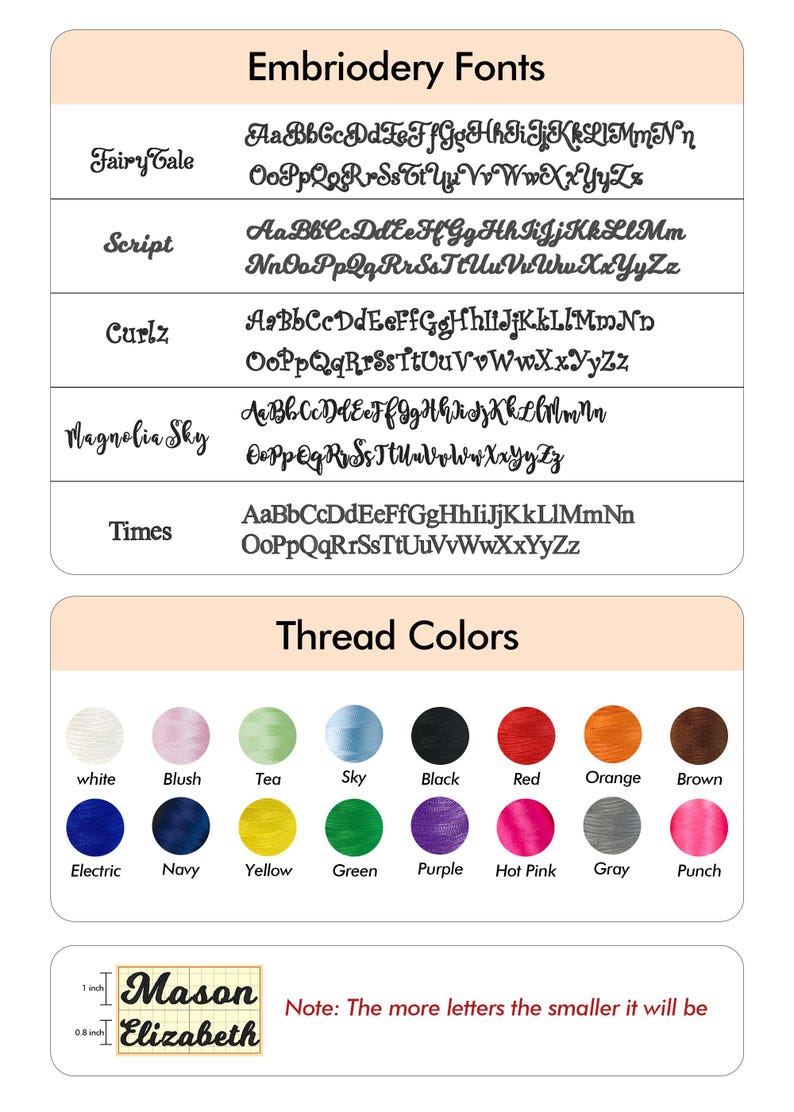 Op de afbeelding: Een tabel met verschillende borduurlettertypen, waaronder Fairy Tale, Script, Curlz, Magnolia Sky en Times. De tabel toont ook een kleurenkaart met garenkleuren, waaronder wit, blush, thee, luchtblauw, zwart, rood, oranje, bruin, elektrisch, marine, geel, groen, paars, roze, grijs en punch. De tabel bevat ook een notitie met de tekst "Hoe meer letters, hoe kleiner het wordt".