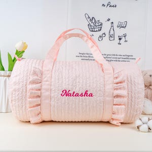 Custom Seersucker Duffle Bag: Toddler Pink Ruffle Duffel Tote, Baby Travel Bag