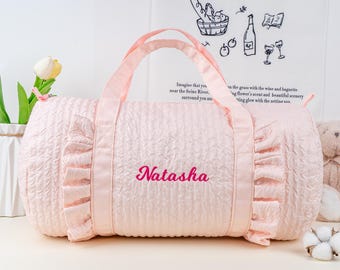 Custom Seersucker Duffle Bag: Toddler Pink Ruffle Duffel Tote, Baby Travel Bag