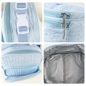 Pu&ograve; includere: Una borsa termica per il pranzo di colore azzurro chiaro con chiusura a zip e una tasca a rete all'interno. La borsa ha un esterno in tessuto testurizzato e una fibbia bianca sulla tracolla.