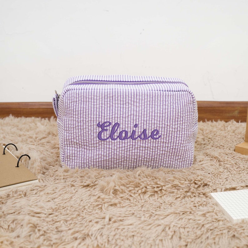 Personalized Seersucker Cosmetic Bag, Monogrammed Toiletry Bag, Bridal Gift, Bridesmaid Proposal Gift, Bridesmaid Makeup Bag, Cosmetic Pouch Purple