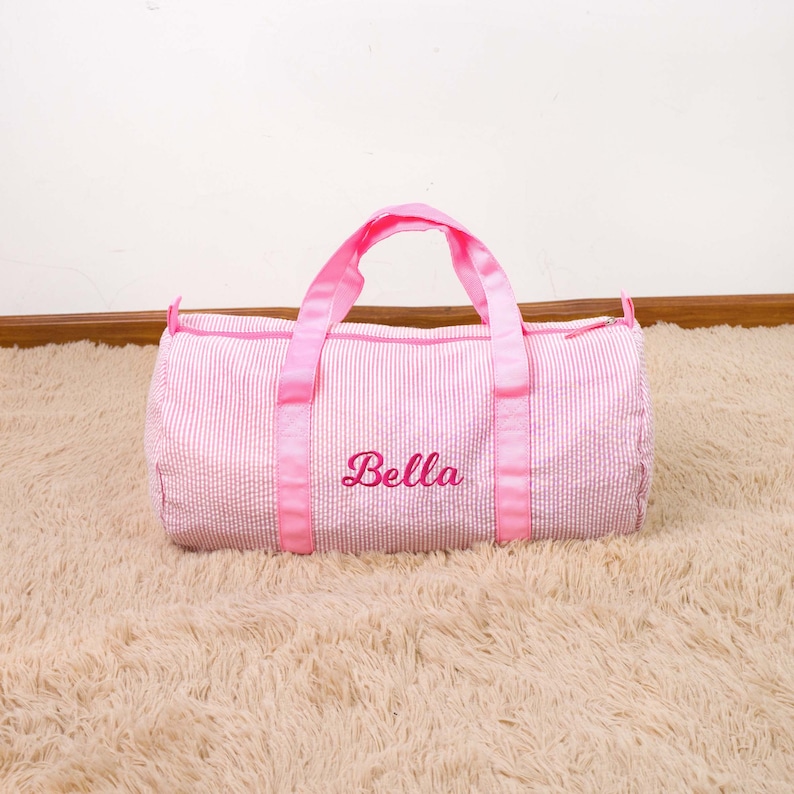 Personalized Baby Duffle Bag, Monogram Seersucker Kid Travel Bag, Kids Duffel Bag, Toddler Diaper Bag, Child Gifts, Overnight Bag, Dance Bag Pink