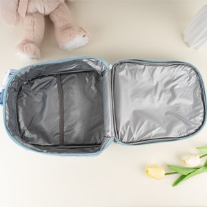 Pu&ograve; includere: Una borsa termica per il pranzo di colore azzurro chiaro con chiusura a zip e una tasca a rete all'interno. La borsa &egrave; aperta e l'interno &egrave; rivestito con un materiale argentato.