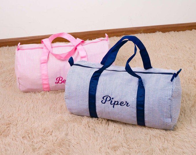 Personalized Seersucker Kid Duffle Bag: Embroidered Travel Bag