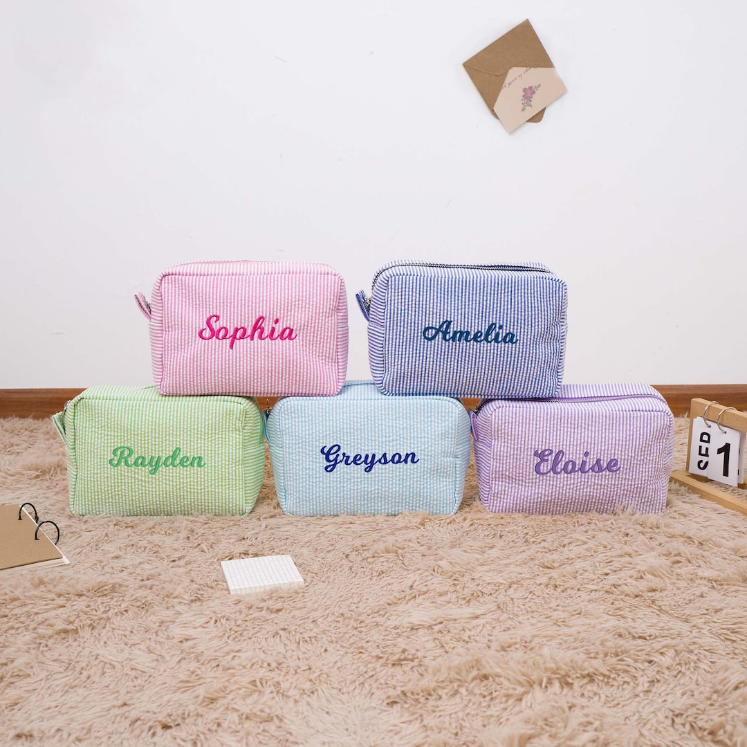 Personalized Seersucker Cosmetic Bag, Monogrammed Toiletry Bag, Bridal