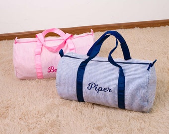 Personalized Baby Duffle Bag, Monogram Seersucker Kid Travel Bag, Kids Duffel Bag, Toddler Diaper Bag, Child Gifts, Overnight Bag, Dance Bag