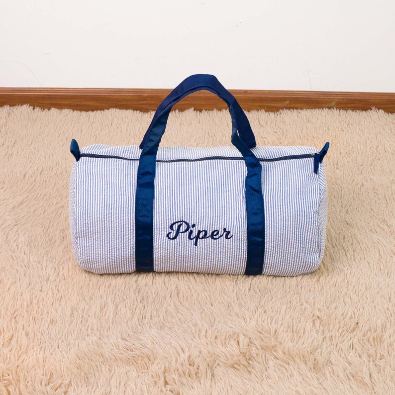 Personalized Baby Duffle Bag, Monogram Seersucker Kid Travel Bag, Kids Duffel Bag, Toddler Diaper Bag, Child Gifts, Overnight Bag, Dance Bag Blue