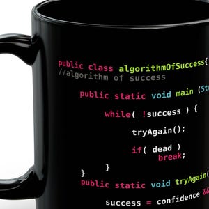 May include: Black ceramic mug with a white handle. The mug features colorful text that appears to be computer code, including the words "algorithmOfSuccess" and "tryAgain". The mug is designed for programmers and computer science enthusiasts.