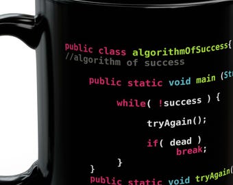 Tazza nera con algoritmo di successo / Programmatore divertente / Programmazione JavaScript / Geek / Sviluppatore di software