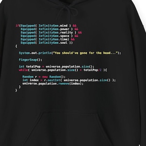May include: Black hoodie with a front pocket and a drawstring hood. The hoodie features white text that appears to be computer code. The text includes the phrase "You should've gone for the head..."
