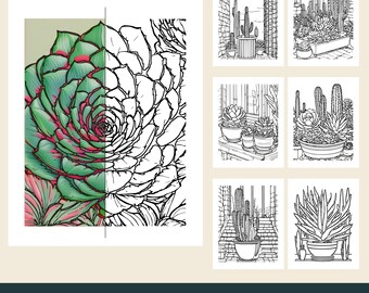12 Printable Succulent Coloring Pages, Cactus Scenes, Aloe, Potted Plants (PDF Download)