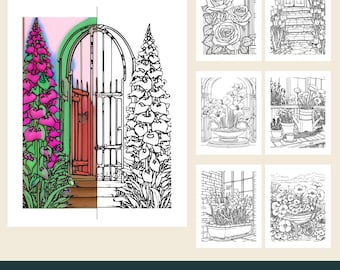 12 Printable Flower Coloring Pages, Garden Scenes, Roses, Tulips, Seed Heads (PDF Download)