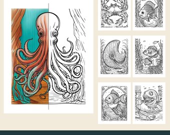 12 Printable Ocean Coloring Pages, Shipwreck Scenes, Octopus, Sharks, Eels (PDF Download)