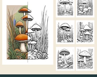 12 Printable Toadstool Coloring Pages, Woodland Scenes, Ferns, Leaves (PDF Download)