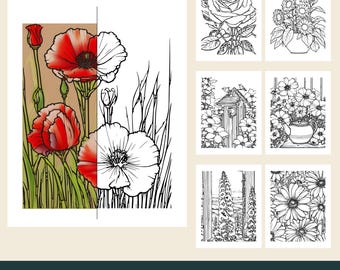 12 Printable Cottage Flower Coloring Pages, Roses, Sunflowers, Poppies (PDF Download)