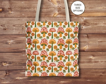 Retro Mushroom Tote Bag, Cottagecore Reusable Shopping Bag, Vintage Style Overnight Bag, Groovy 70's Beach Bag, Hippie Book Bag